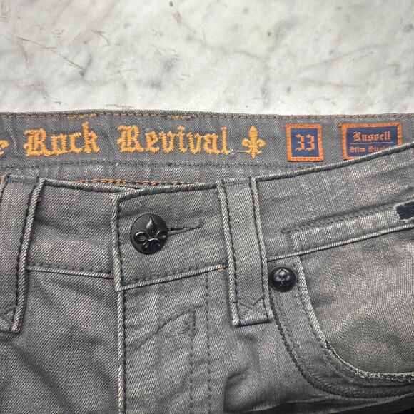 Rock Revival Russell Slim Straight Jeans Mens Size 33 Gray Embroidered - Picture 3 of 13